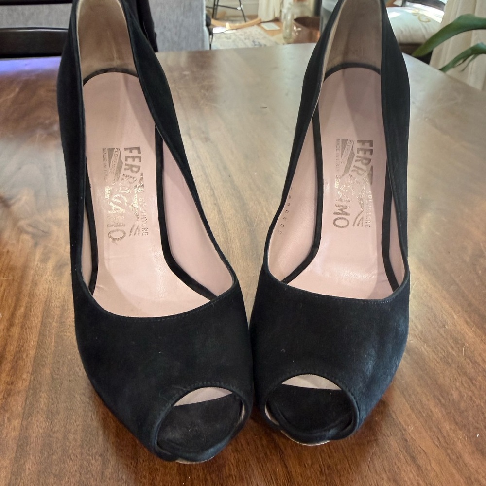 Salvatore Ferragamo Black Suede Peep-Toe Pumps